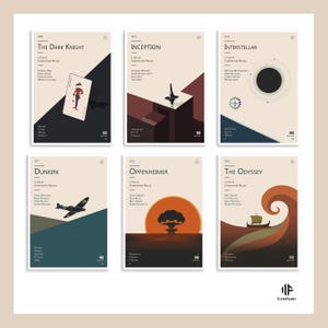 May include: A set of six rectangular film posters featuring minimalist graphic illustrations for The Dark Knight, Inception, Interstellar, Dunkirk, Oppenheimer, and The Odyssey. Each poster includes the film title, director, cast, genre, and runtime.