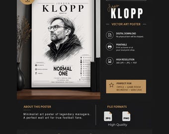 Jürgen Klopp Minimalist Poster | Football Manager Line Art | Monochrome Soccer Wall Art