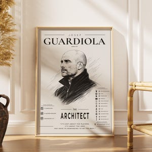 Könnte beinhalten: Ein rechteckiges Wandposter mit einer schwarz-weißen Skizze von Josep Guardiola. Der Text lautet JOSEP GUARDIOLA, THE ARCHITECT, und enthält eine Liste der Teamlogos für FC Barcelona, FC Bayern München und Manchester City mit dazugehörigen Statistiken.