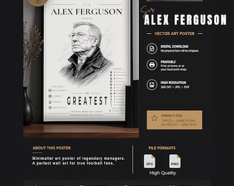 Alex Ferguson Minimalist Poster | Football Manager Line Art | Monochrome Soccer Wall Art