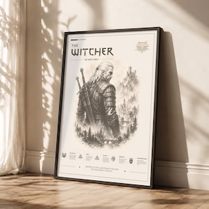 May include: Framed poster featuring a sepia-toned illustration of a character from "The Witcher." The artwork depicts a man with long white hair and two swords on his back, set against a backdrop of a castle and mountains. Text includes "The Witcher" and a quote.