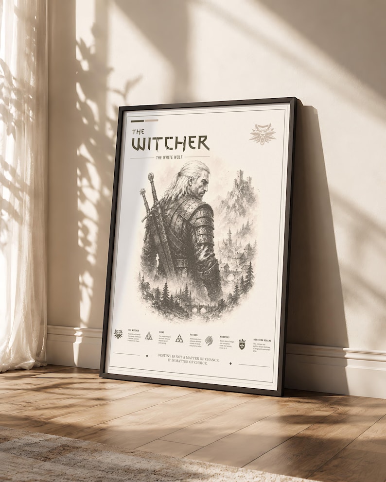 May include: Framed poster featuring a sepia-toned illustration of a character from "The Witcher." The artwork depicts a man with long white hair and two swords on his back, set against a backdrop of a castle and mountains. Text includes "The Witcher" and a quote.