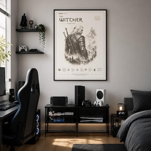 May include: A room featuring a framed "The Witcher" poster, a black gaming chair, and a black entertainment center with gaming consoles. The room has a modern aesthetic with a dark color scheme and a cozy atmosphere.