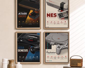 Retro Gaming Console Poster Bundle | Minimalist Video Game Wall Art Collection Edition | Atari NES PlayStation Genesis | Digital Download