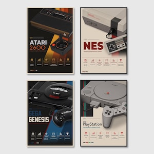 May include: A set of four posters featuring vintage video game consoles: the Atari 2600, Nintendo Entertainment System, Sega Genesis, and Sony PlayStation. Each poster displays the console, a controller, release year, and technical data icons.