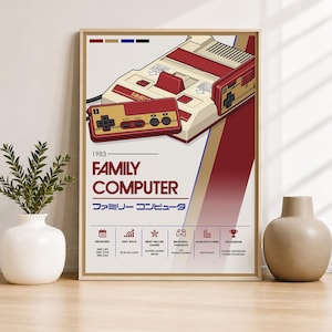 Puede incluir: Un póster enmarcado con una ilustración gráfica de una consola de juegos y un mando Family Computer en rojo y crema. El texto dice 1983 FAMILY COMPUTER, con caracteres japoneses debajo y una tabla detallando ventas y el fabricante.
