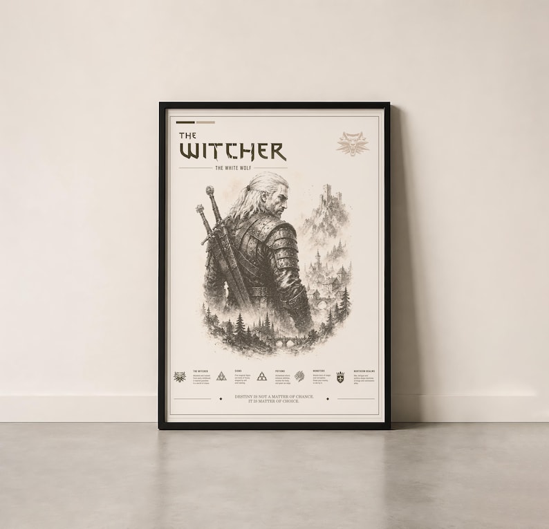 May include: Framed art print featuring a sepia-toned illustration of a man with long white hair and two swords on his back, from "The Witcher." The print includes the title "The Witcher" and the phrase "The White Wolf."