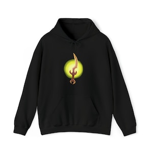 May include: Black hoodie with a yellow and brown dagger graphic on the front.