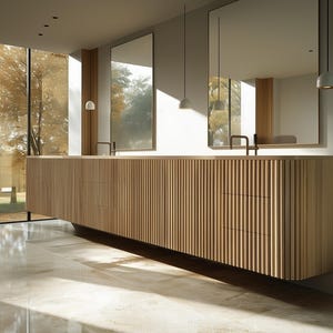 Curved Floating Double Sink Vanity with Oak Rounded Reed Fronts 84&quot; - 108&quot;