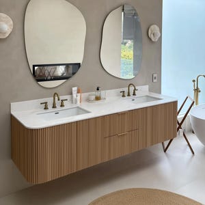 Custom 84” Double Sink Curved Bathroom Vanity with White Oak tambour fronts || Fluted