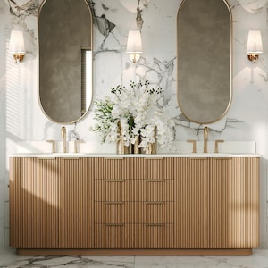 Custom Curved Freestanding Double Sink Bathroom Vanity with Rounded Reed Front 84&quot;-96&quot; || Tambour Fluted Design