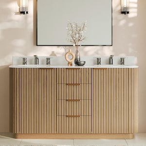 Curved Freestanding Double Sink Bathroom Vanity with Rounded Reed Front 58&quot;-60&quot;-66&quot; Custom  || Tambour Fluted Design