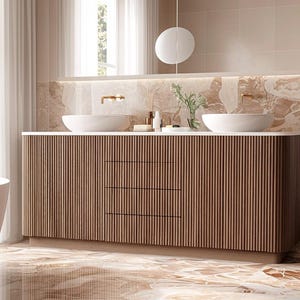 Curved Freestanding Double Sink Bathroom Vanity with Rounded Reed Front 72&quot;-83&quot; Custom  || Tambour Fluted Design