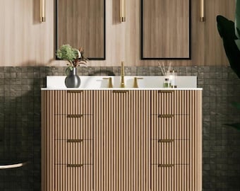 Curved Reeded White Oak Bathroom Vanity: Modern Minimalist Design