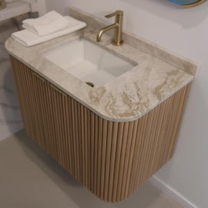 Floating Curved Sing sink vanity with White Oak Rounded Reeds Front 22&quot;-32&quot;-36&quot; Powder