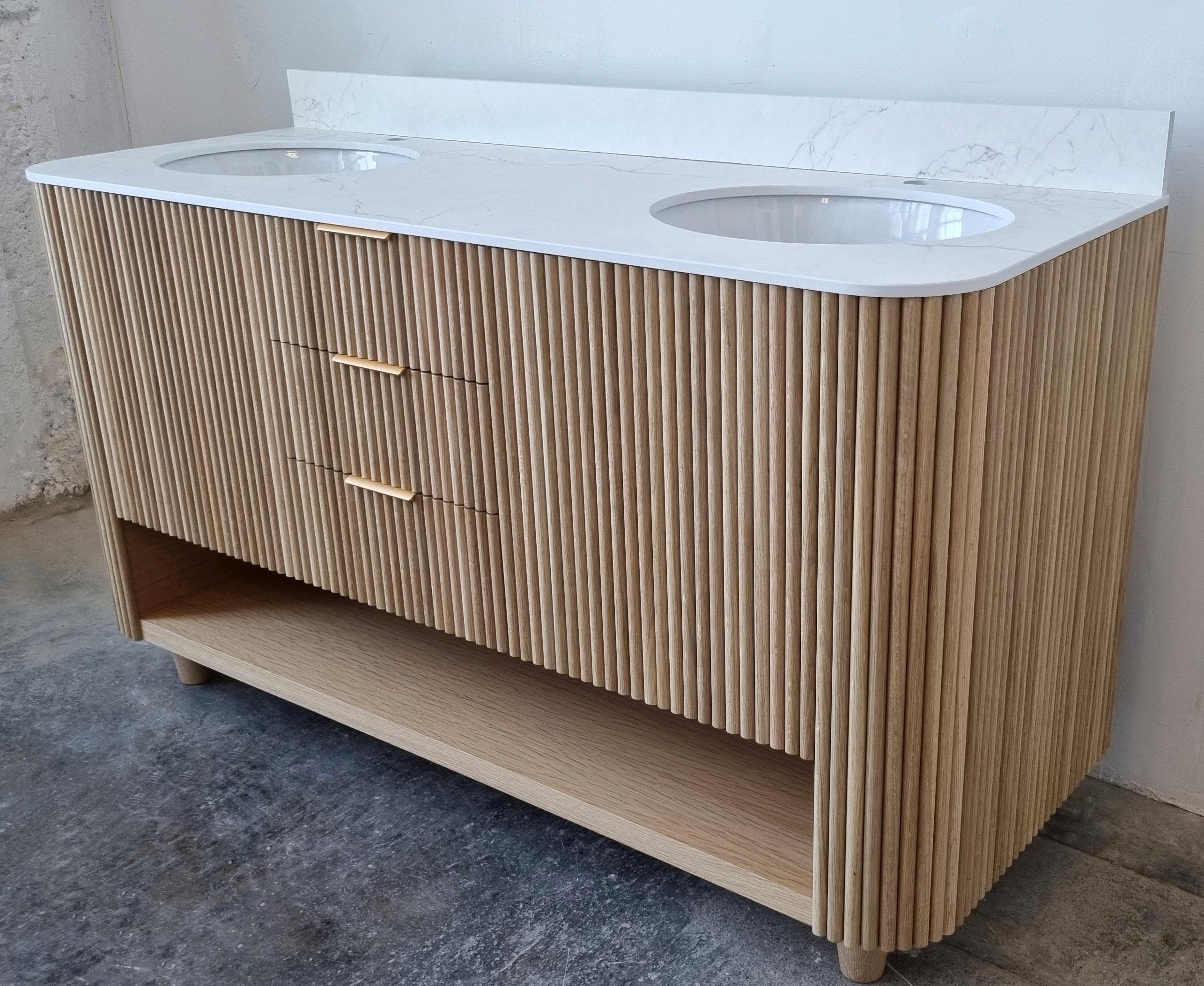 Tambour Custom Freestanding Vanity With White Oak Rounded Reeds Front ...