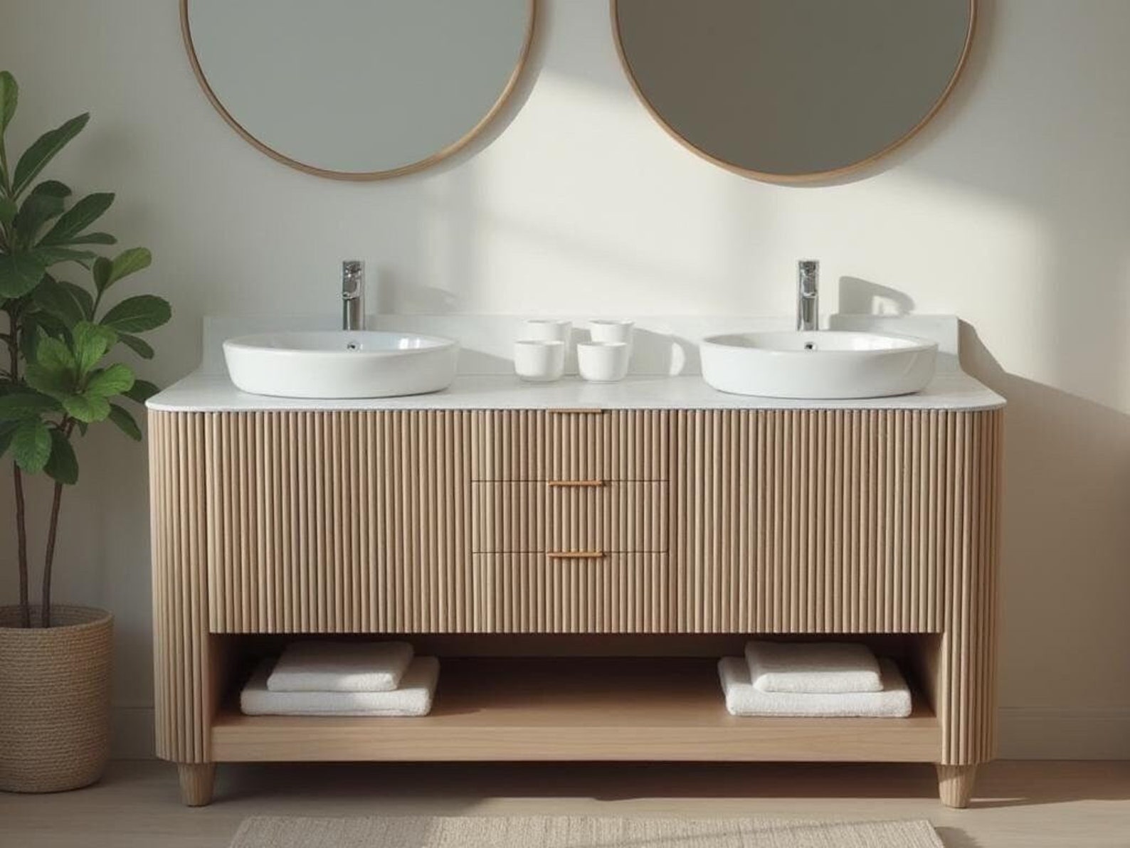 Tambour Custom Freestanding Vanity With White Oak Rounded Reeds Front ...