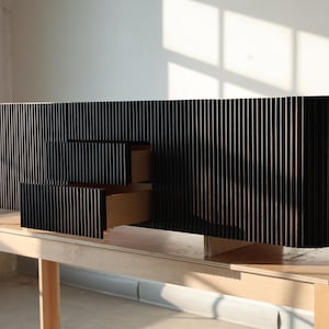 Curved Floating Double Sink Vanity with Oak Rounded Reed Fronts | Ebony | Dark | Black 72&quot;