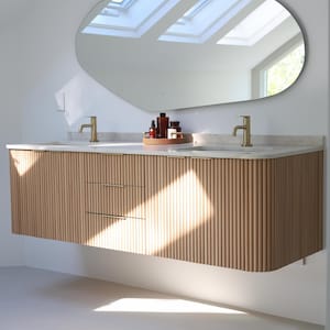 Curved Floating Double Sink Vanity with Oak Rounded Reed Fronts