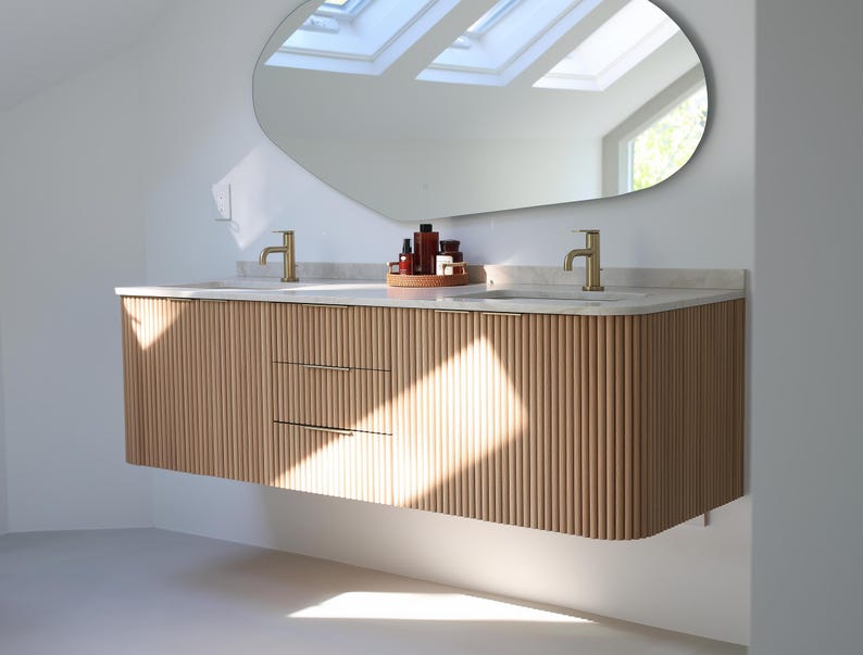 Сustom Floating Curved Double Sink Vanity With White Oak Rounded Reed ...