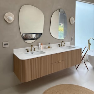 Curved Floating Double Sink Vanity with Oak Rounded Reed Fronts