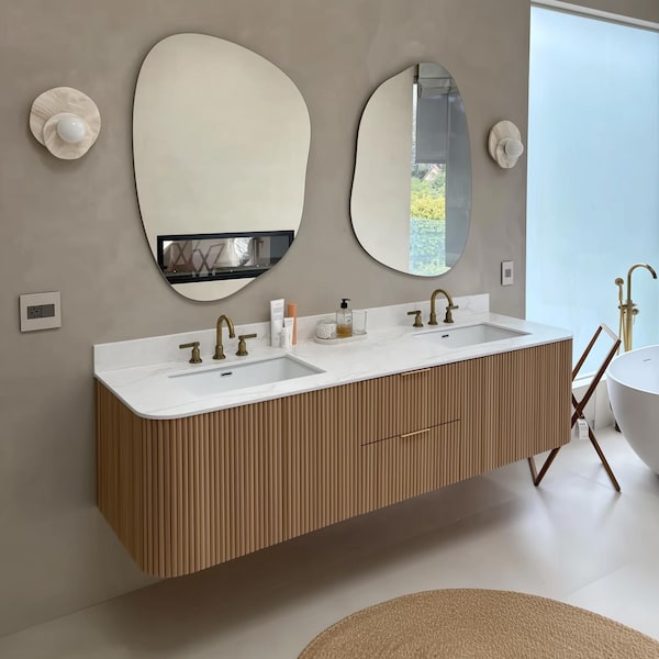 Curved Floating Double Sink Vanity with Oak Rounded Reed Fronts