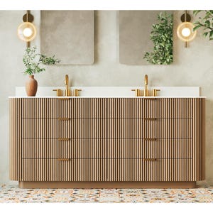 Freestanding Curved Double Sink Bathroom Vanity 72&quot; with Reeded Fluted White Oak Fronts | Modern Japandi Style Cabinet