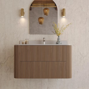 Floating Curved Single Sink Vanity with White Oak Rounded Reeds Front 24&quot;-32&quot;-36&quot;-42&quot; Powder || Tambour || Fluted
