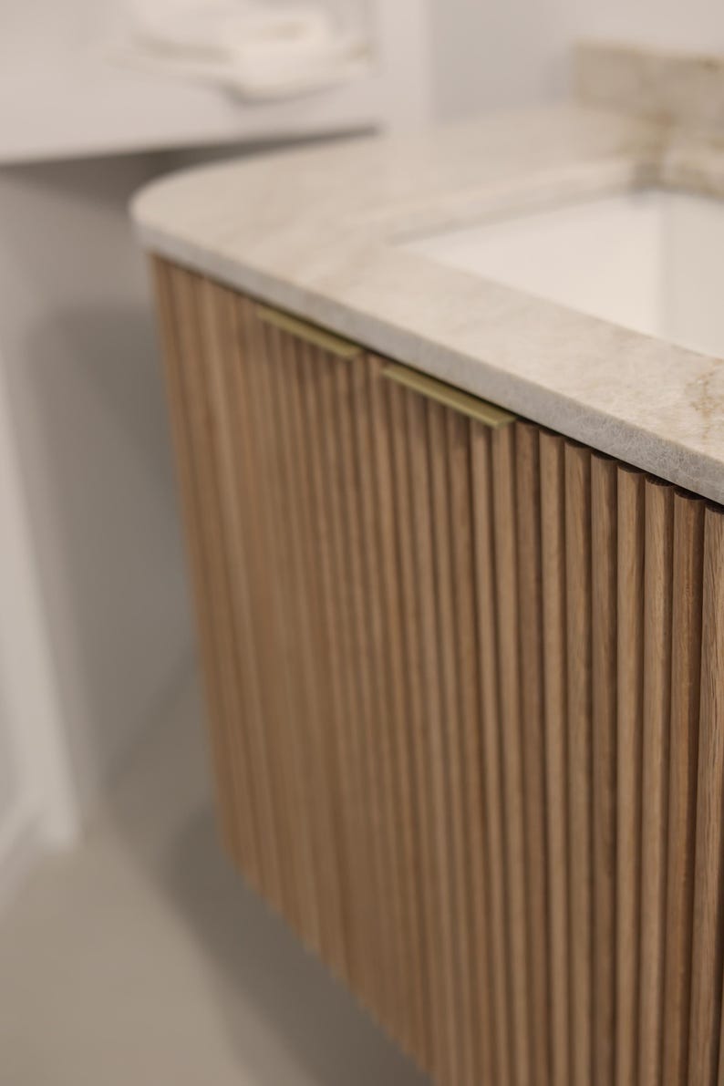 Floating Curved Sing sink vanity with White Oak Rounded Reeds Front 22"-32"-36" Powder zdjęcie 2