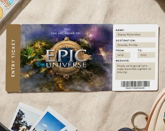 Verrassingsticket Universal Epic Universe-pretpark | Universal Orlando Trip Boarding Pass-cadeau | Afdrukbare pdf-canvasjabloon