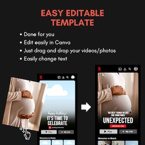 May include: A digital template with the text "EASY EDITABLE TEMPLATE" in red. The template includes instructions: "Done for you," "Edit easily in Canva," "Just drag and drop your videos/photos," and "Easily change text."