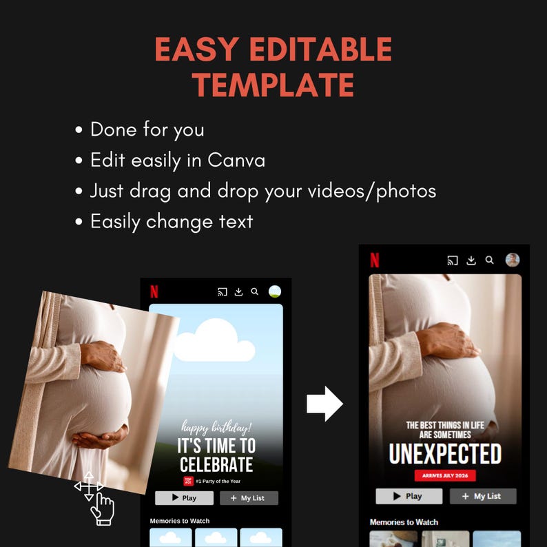 May include: A digital template with the text "EASY EDITABLE TEMPLATE" in red. The template includes instructions: "Done for you," "Edit easily in Canva," "Just drag and drop your videos/photos," and "Easily change text."