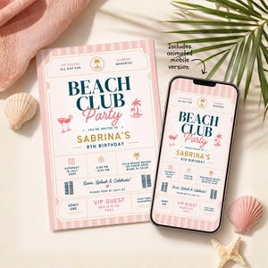 May include: A pink and white Beach Club Party invitation and a smartphone displaying the same design. The invitation includes the text "Beach Club Party" and details for Sabrina's 8th birthday, with seashells and a starfish.