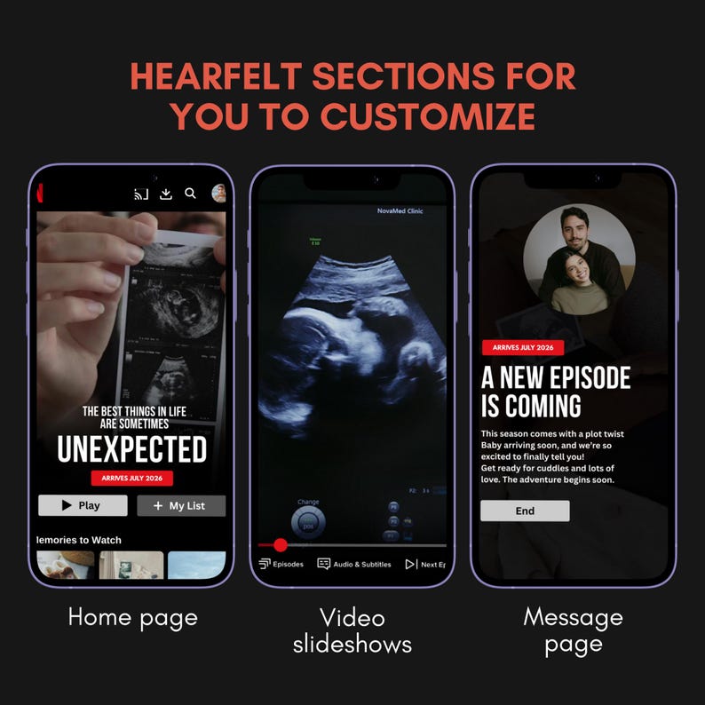 May include: Three smartphone screens displaying pregnancy-related content. The first shows an ultrasound image with the text "UNEXPECTED". The second displays a fetal ultrasound. The third screen shows a couple with the text "A NEW EPISODE IS COMING".