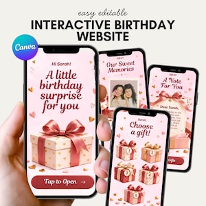 May include: Three smartphones display an interactive birthday website template with a pink theme, heart patterns, and gift box graphics. The screens show text including A little birthday surprise for you, Our Sweet Memories, and Choose a gift.