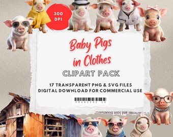 Baby Pigs in Clothes Clipart. Transparent PNG & SVG. Nursery clipart. Digital download. For commercial use.