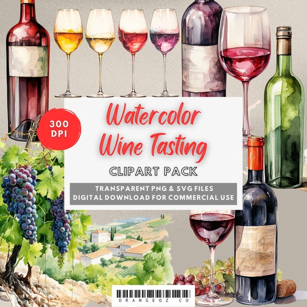 Watercolor Wine Tasting Clipart. Evening Drinks, Wine Glass, Vineyard, Wine Bottles. Transparent PNG & SVG files. For Commercial Use.