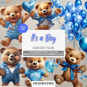 Teddy Bear Clipart. Baby Shower for a Boy. Transparent PNG & SVG files. Boy, Blue, Balloons, Bear, Ribbon. For Commercial Use.