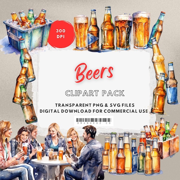 Beer Clipart. Summer drinks. Watercolor beer. Digital download. Transparent PNG & SVG files. For commercial use.