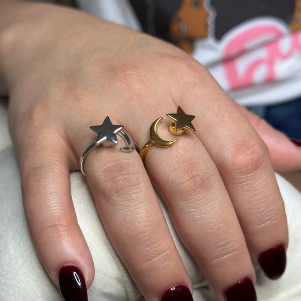 Moon and Star Ring • Fidget Spinner  Adjustable Jewelry •  Stress Management Spinning Focus For Women •  Perfect Gift For Her .