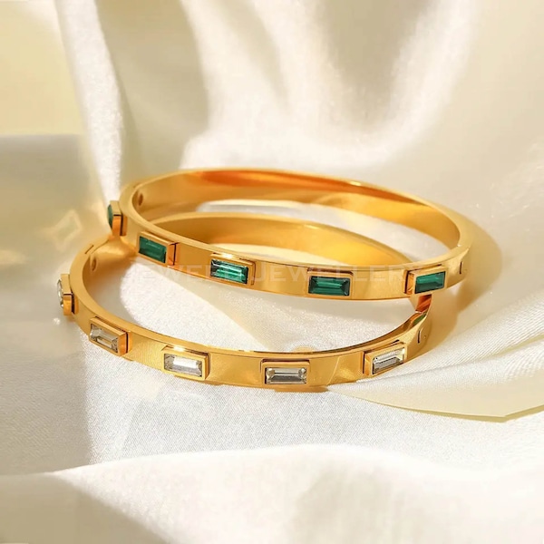 Emerald Bracelet - Green Gem Bangle 18 K Gold Plated with Sparkling Gemstones - Birthstone Jewelry for Her