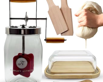 Butter Churner Set, Glass Dish, Wooden Paddles, Cheesecloth