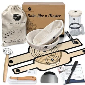 May include: A complete baking kit with a linen bag, proofing basket, dough whisk, bench scraper, and a baking mat. The kit includes a box that says "Bake like a Master". The kit is designed for baking bread.