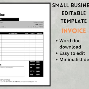 Invoice - Editable Word Template, Small Business Professional Invoice Template, Minimalist Template, Simple Easy to Use Template