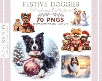 Festive Doggies | 70 PNGs | Christmas Dog Clipart | Christmas Illustrations | PNG Bundle | Instant Download | Commercial Use
