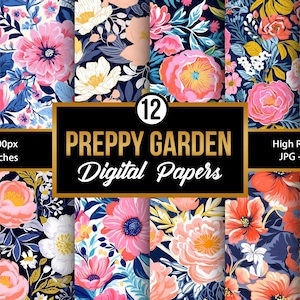 Preppy Flower Digital Paper, Seamless Preppy Floral Pattern, Bright Pink Flowers Background