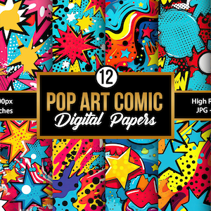 以下が含まれることがあります： 明るい色、星、太い線を使用したポップアートコミックスタイルのデザインが施された、12枚のデジタルペーパー。ペーパーは12インチ×12インチ、300 DPIです。