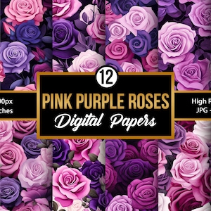 Pink and Purple Roses Pattern | Floral Digital Paper | Spring Roses Garden