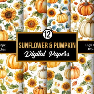 Puede incluir: Una colección de 12 papeles digitales con ilustraciones de acuarela de girasoles y calabazas. Los diseños incluyen varias formas de calabazas, girasoles y hojas sobre un fondo blanco. Los papeles miden 30,48 x 30,48 cm.