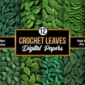 Puede incluir: Doce papeles digitales con hojas de ganchillo verdes. Cada papel tiene 3600 píxeles por 3600 píxeles, o 30,48 cm por 30,48 cm.